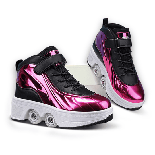 pink roller skate shoes with retractable wheels for kids and adults, side view