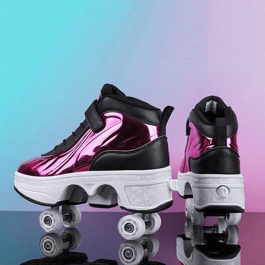 purple tone roller skate shoes with wheels and reflective finish on gradient background