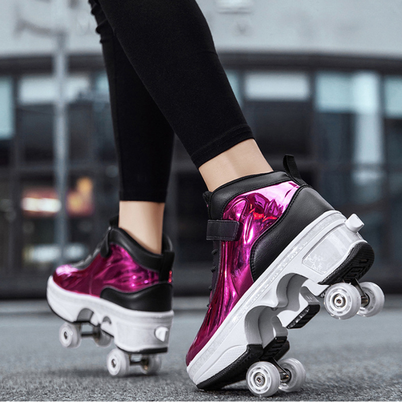 purple Kick Speed Glaze MID roller skate shoes with pop out wheels worn during outdoor ride