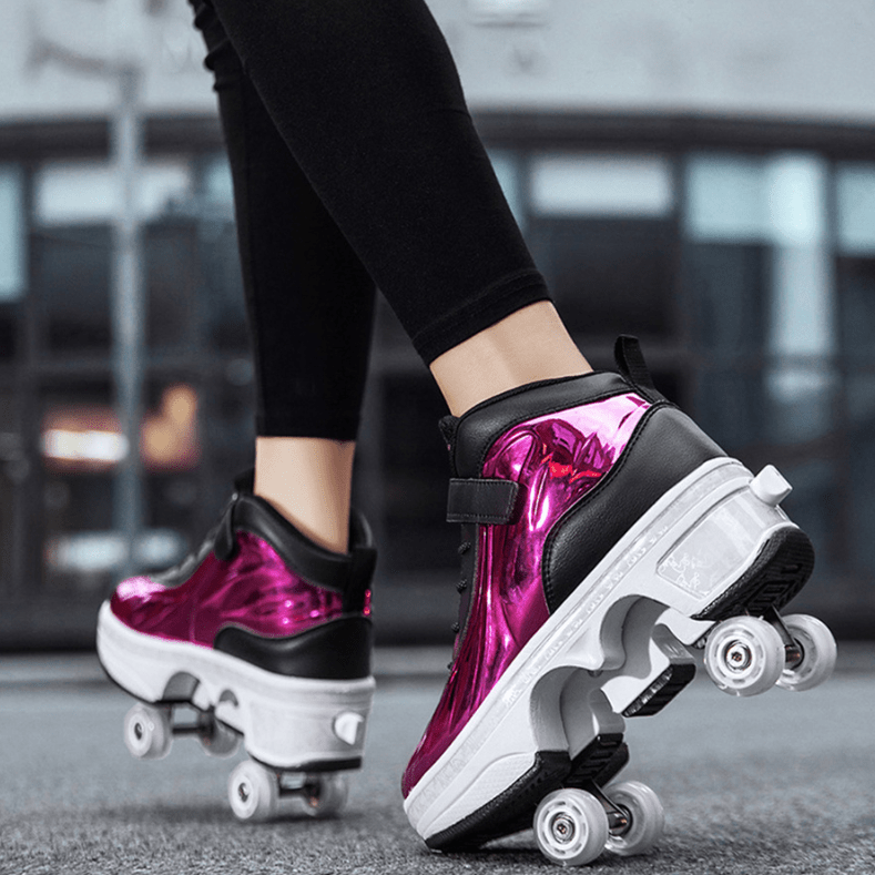 outdoor skating with metallic purple Kick Speed roller skate shoes for adults and kids