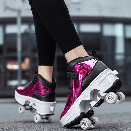 outdoor skating with metallic purple Kick Speed roller skate shoes for adults and kids