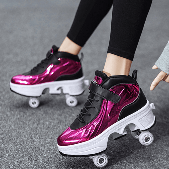 Side view of purple Kick Speed Glaze MID roller skate shoes for adults and kids with pop-out wheels