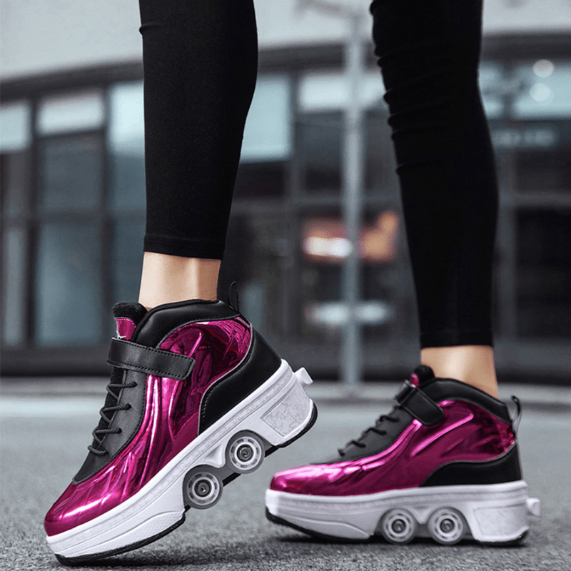 woman skating outdoors wearing purple Kick Speed Glaze MID roller skate shoes with retractable wheels