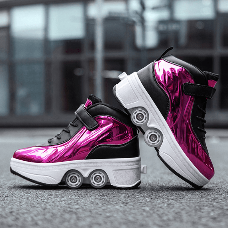 metallic purple roller skate shoes with retractable wheels in use on pavement