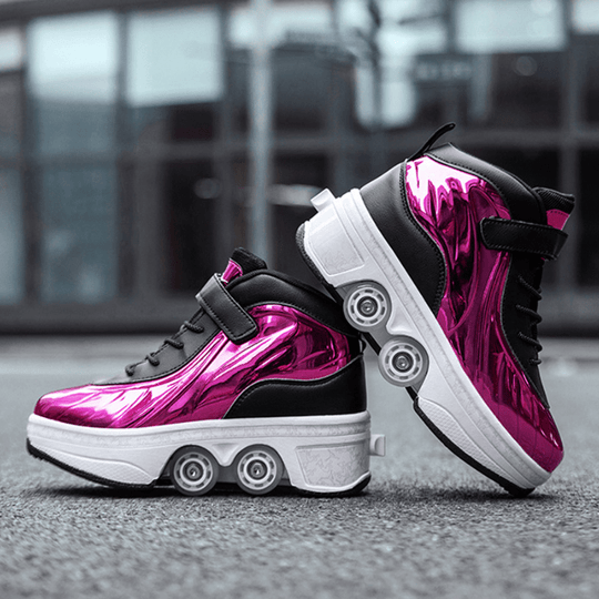 metallic purple roller skate shoes with retractable wheels in use on pavement