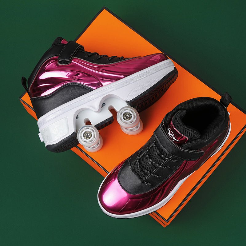 metallic purple roller skate shoes with pop out wheels shown from top view