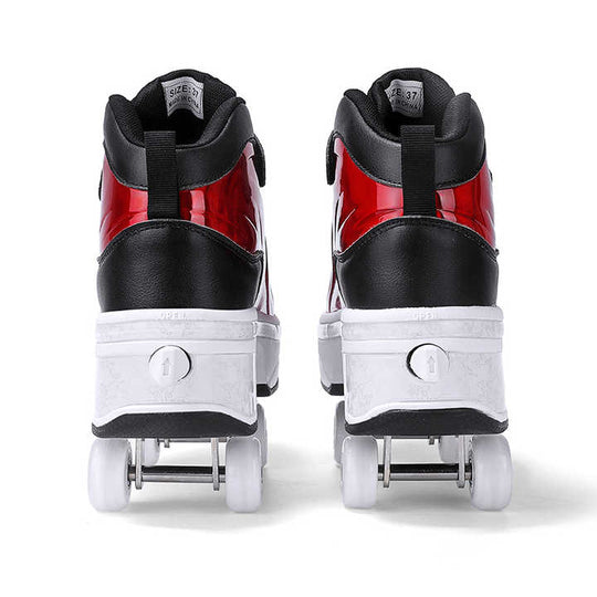 back view of black and red roller skate shoes showing heel and pop-out wheels mechanism
