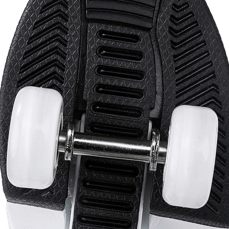 detailed photo of shoe sole mechanism showing retractable pop-out wheels
