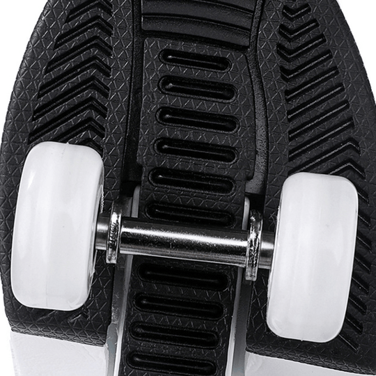 detailed photo of shoe sole mechanism showing retractable pop-out wheels