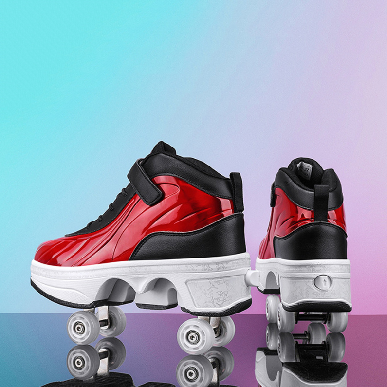 red Kick Speed Glaze MID roller skate shoes for adults and kids displayed with retractable wheels
