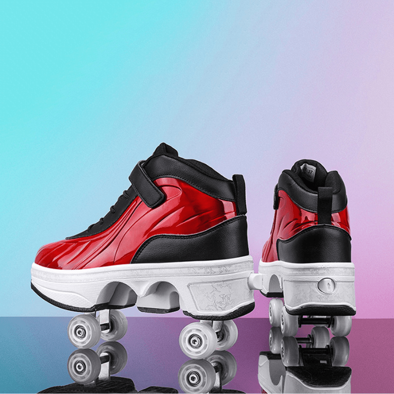 Pair of red and black Kick Speed roller shoes with pop out wheels