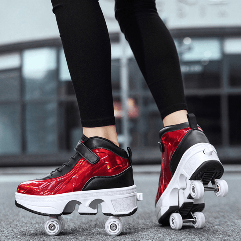 red Kick Speed roller skate shoes with pop-out wheels on pavement