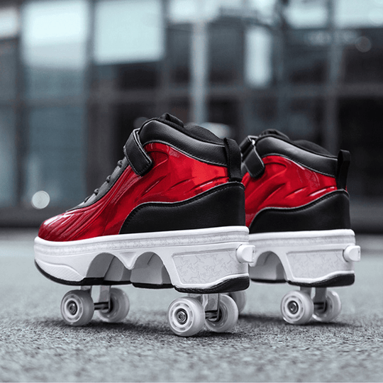 side view of red Kick Speed Glaze MID shoes with pop out wheels outdoors