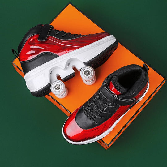 Red roller skate shoes with pop out wheels displayed on orange box