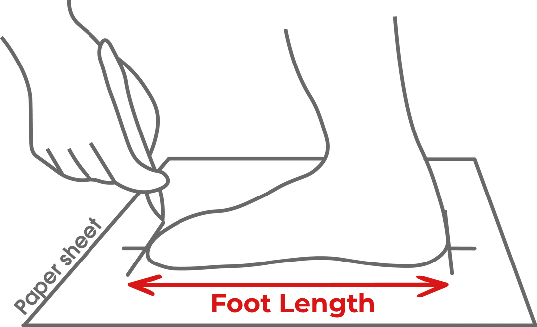 How to measure foot length: stand on paper with the heel against a wall, mark the longest toe, measure between the marks