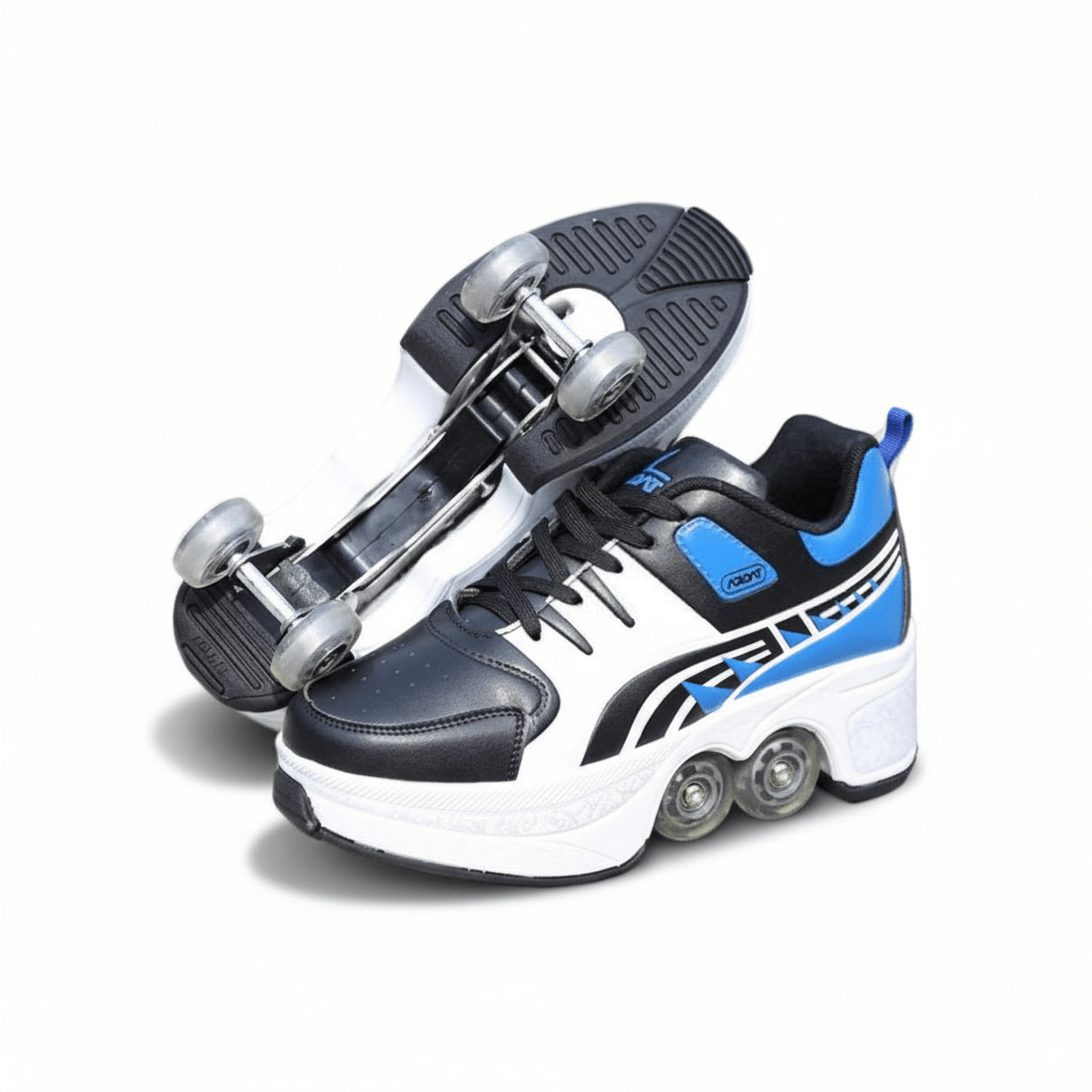 Blue Kick Speed Hyper Jet LOW roller skate shoes with pop out wheels, retractable sole design, studio shot on white background