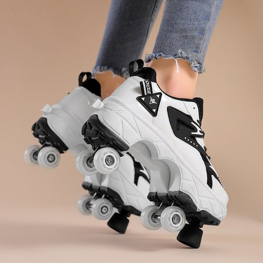 low-top white roller sneakers with wheels for beginners designed for comfort and safety, roller skate shoes with toe stops