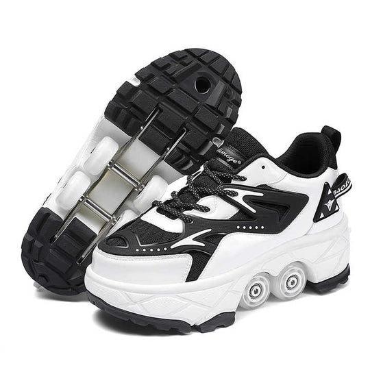 Kick Speed Impact LOW white and black roller skate shoes showing retractable wheel system