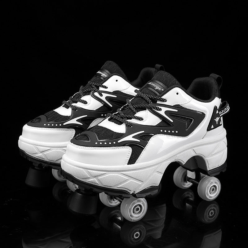 white and black low-top roller sneakers for kids featuring dual wheels and toe stops