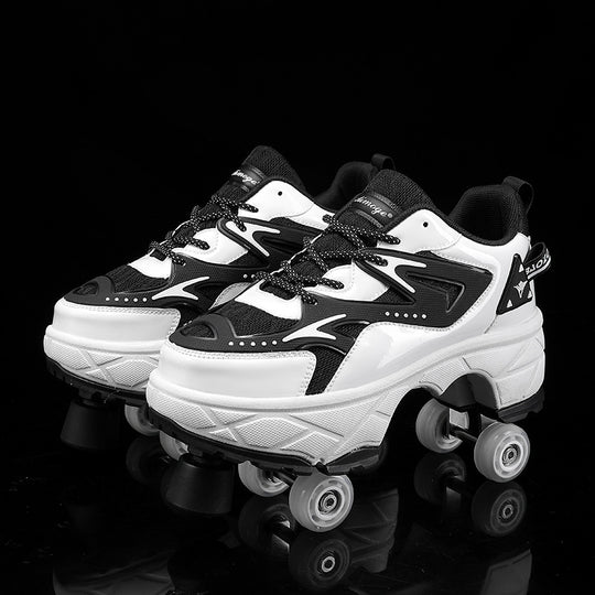 white and black low-top roller sneakers for kids featuring dual wheels and toe stops