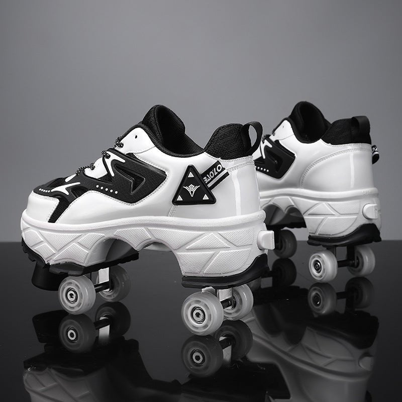 Kick Speed Impact LOW white sneakers with wheels in white and black colorway, side studio shot on dark transparent background