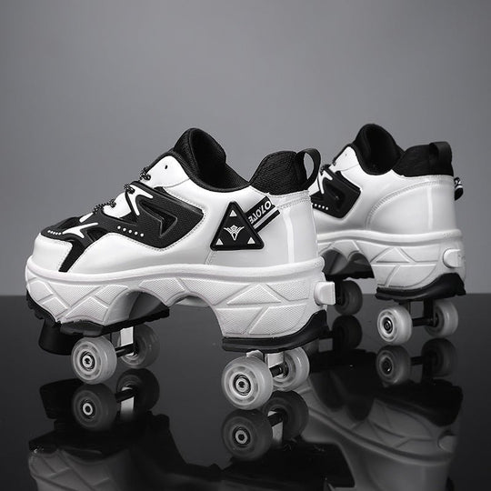Kick Speed Impact LOW white sneakers with wheels in white and black colorway, side studio shot on dark transparent background