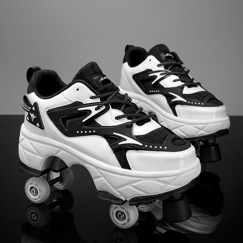 Kickk Speed  shoes with wheels and toe stops in white and black, roller skate shoes for kids with reinforced sole and wide wheel spacing