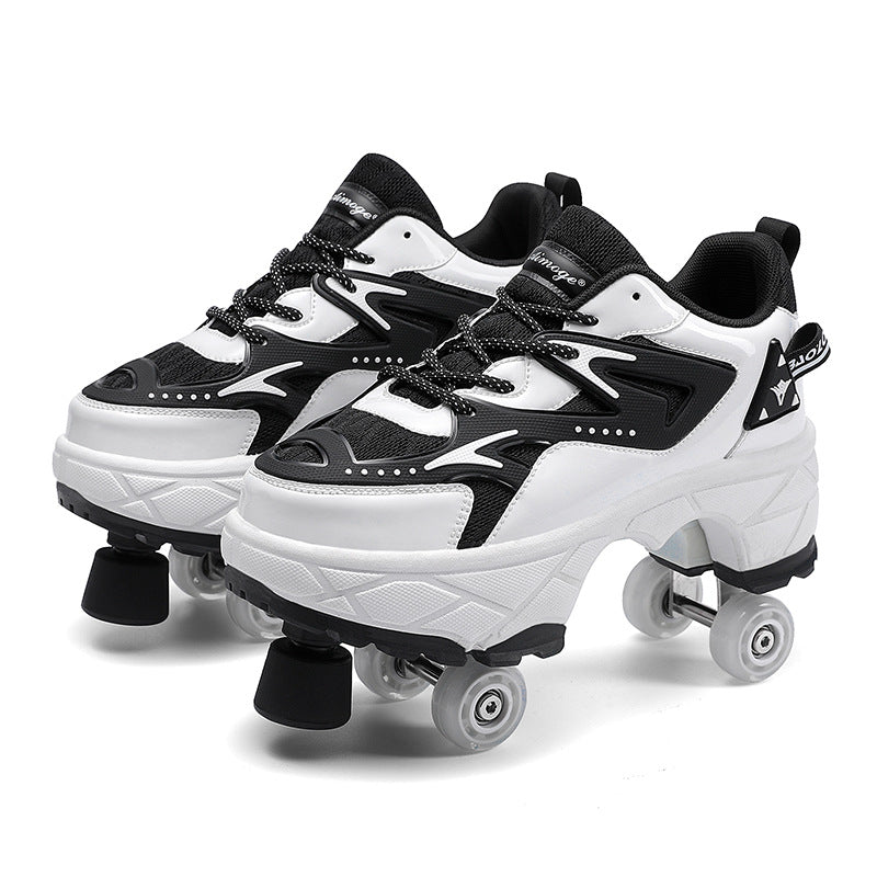 side profile of stylish black and white roller sneakers for kids and adults with toe stops