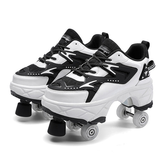 side profile of stylish black and white roller sneakers for kids and adults with toe stops