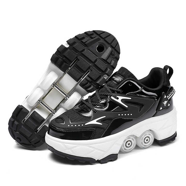 Kick Speed Impact LOW black shoes with wheels for adults, showing pop out wheel layout