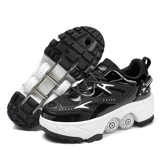 Kick Speed Impact LOW black shoes with wheels for adults, showing pop out wheel layout