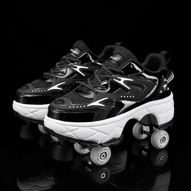black and roller skate shoes with toe stops for kids and beginners photographed on reflective surface