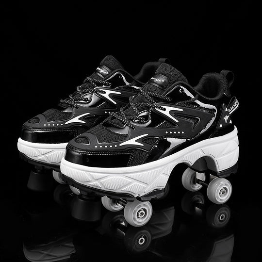 black and roller skate shoes with toe stops for kids and beginners photographed on reflective surface