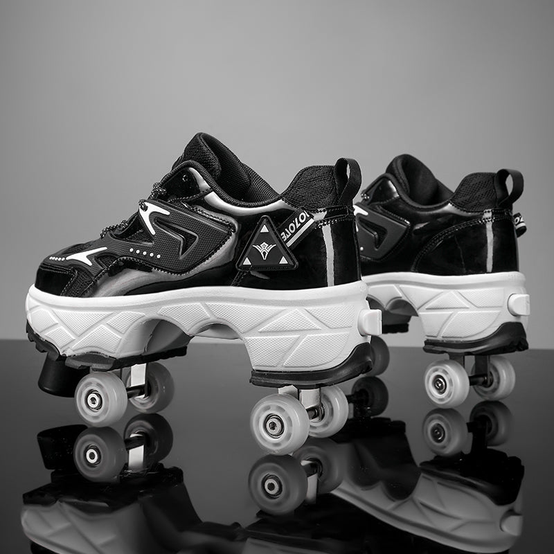 pair of black retractable roller skate shoes for adults photographed on reflective surface highlighting toe brakes