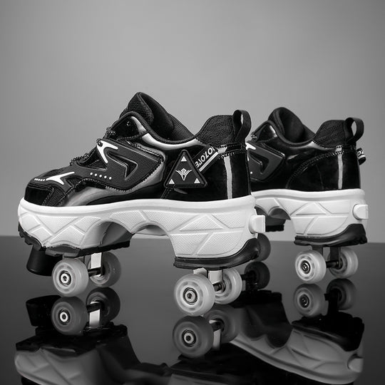pair of black retractable roller skate shoes for adults photographed on reflective surface highlighting toe brakes