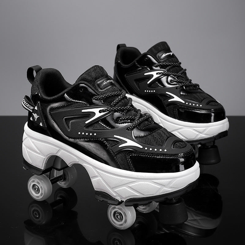 black roller shoes with wheels for adults featuring reflective details and front toe stop