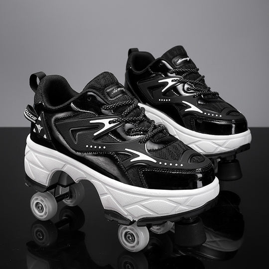 black roller shoes with wheels for adults featuring reflective details and front toe stop