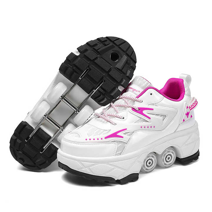 side studio view of Kick Speed Impact white with pink details, roller skate sneakers for kids