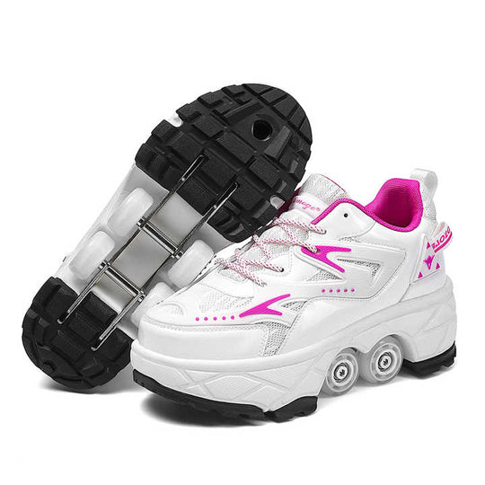 side studio view of Kick Speed Impact white with pink details, roller skate sneakers for kids