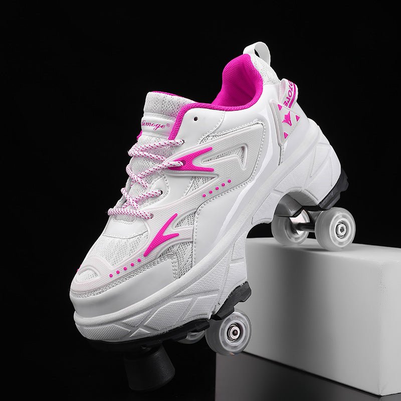 pink Kick Speed Impact LOW roller sneakers displayed on pedestal highlighting wheel system and toe stop