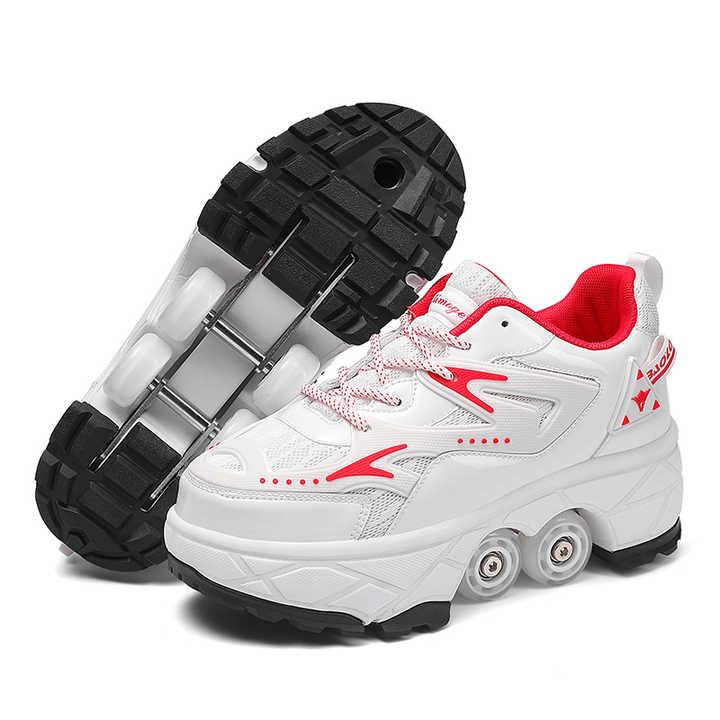 red roller shoes for kids highlighting sturdy outsole and balanced four-wheel setup