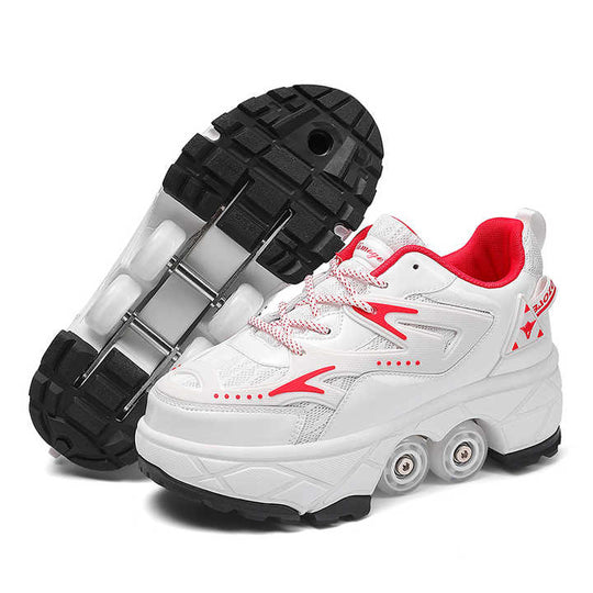 red roller shoes for kids highlighting sturdy outsole and balanced four-wheel setup