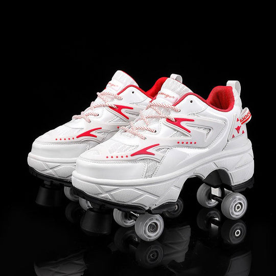 Kick Speed Impact LOW with toe stops in pink and red, roller shoes for kids showing flexible sole and 