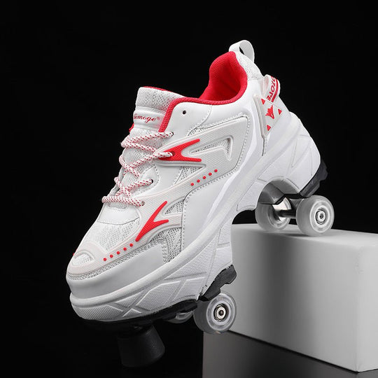 white and red women's roller shoes with front toe stop and soft padding for beginner skaters
