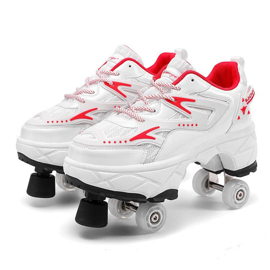 red-accented women's shoes with wheels and toe stops for beginners designed for safety and steady skating control
