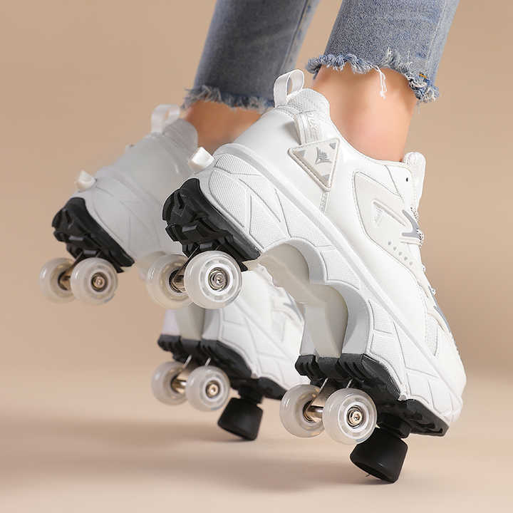white shoes with wheels for beginners worn on beige background demonstrating easy movement and toe stops