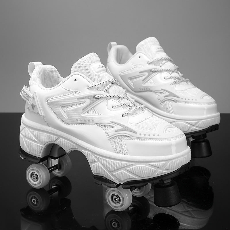 pair of white Kick Speed Impact LOW roller skate shoes with toe stops showing side detail and precision wheel setup