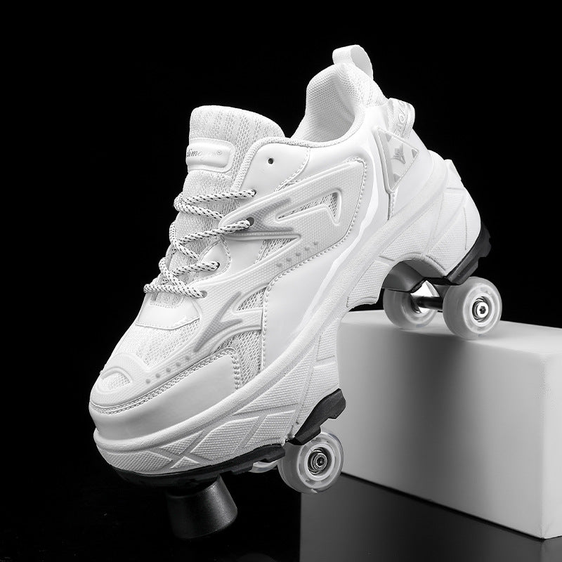 all-white shoes with wheels for kids with visible toe stop and anti-slip sole for better traction