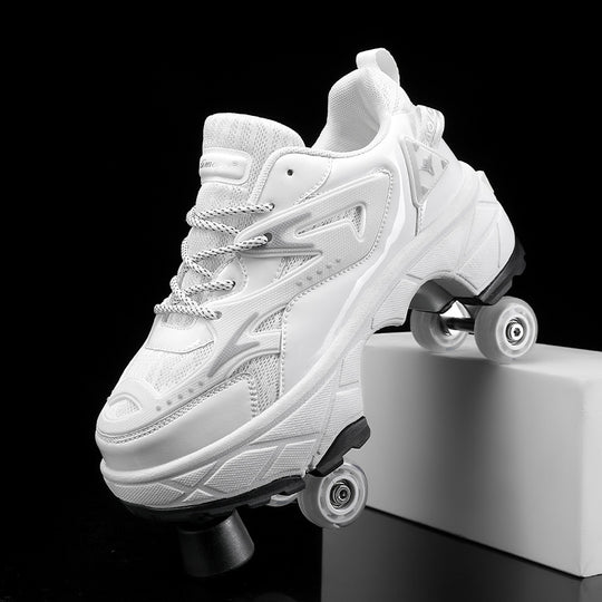 all-white shoes with wheels for kids with visible toe stop and anti-slip sole for better traction