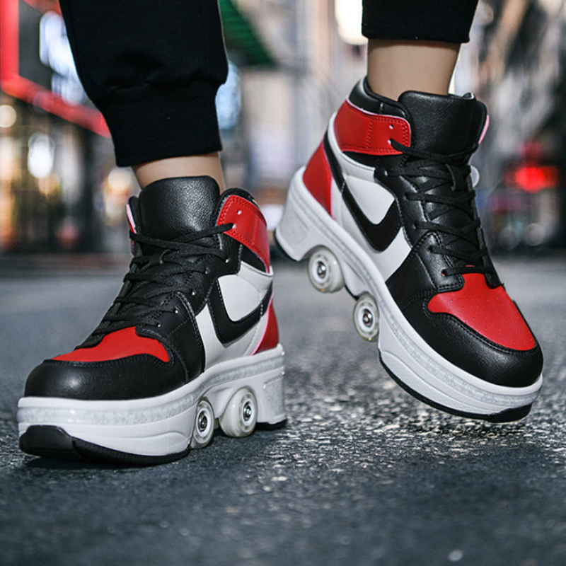red and black roller skate shoes with pop out wheels worn outdoors, stylish 4 wheel shoes for kids and adults by Kick Speed